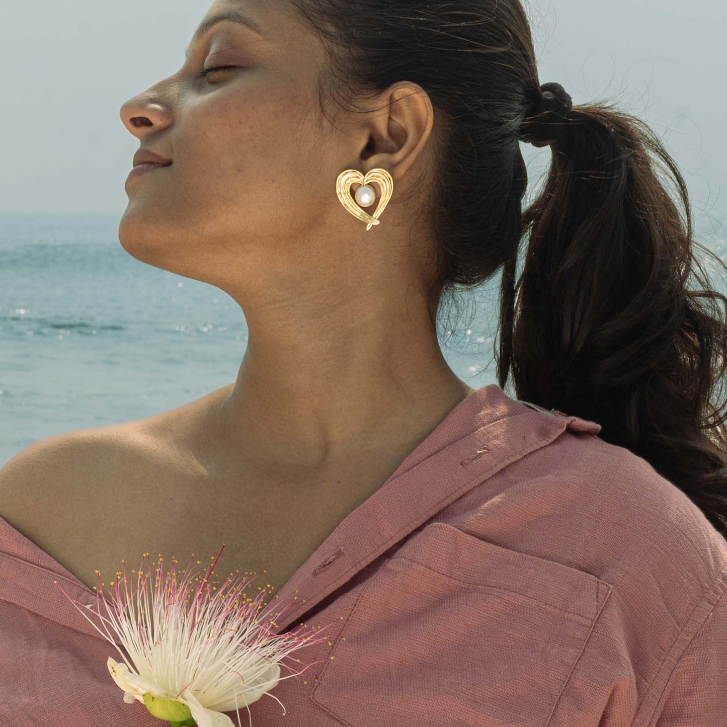 Hridaya Brass Pearl Stud Earrings