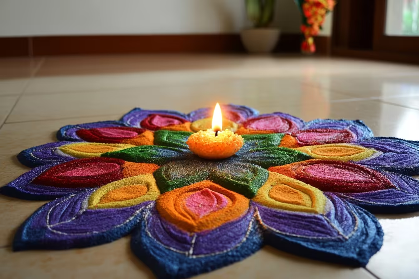 Rangoli decorated with diyas during diwali celebrations